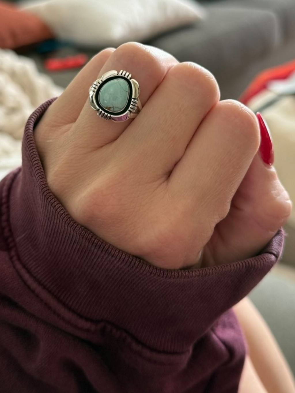 Sterling Silver Teardrop Turquoise Ring - Light Blue Size 7